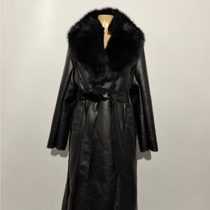 Women's Black Faux Fur Collar Long Leather Coat